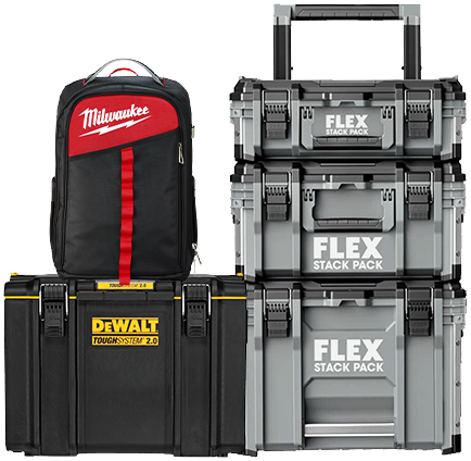 Milwaukee Low Profile Backpack, Dewalt Tough System 2.0  Extra Large Tool Box and Flex Stack Pack 3 Piece Storage System