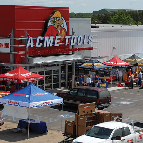 Brand tents set up outside the Acme Tools in Bemidji, MN
