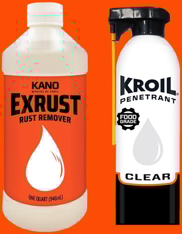 Kroil 16 ounce Bottle Liquid Exrust Industrial Grade Rust Remover and 13 ounce Liquid Food Grade Penetrating Oil with SprayTech
