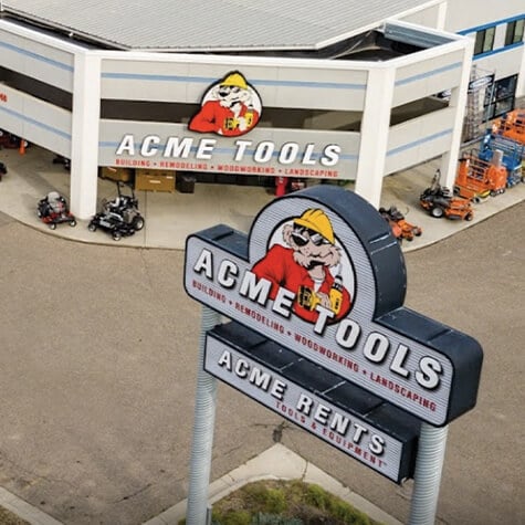 Outside aerial view of the Bismarck,ND Acme Tools store and sign