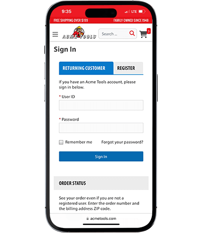 Acme Tools mobile sign up and login page