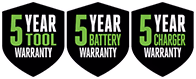 5 Year Tool, Battery and Charger Warranty