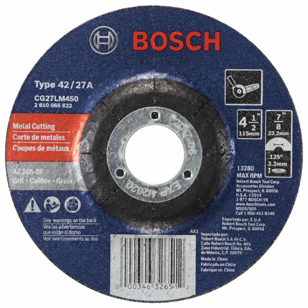 

Bosch 4-1/2 In. 1/8 In. 7/8 In. Arbor Type 27 30 Grit Long-Life Grinding/Metal Cutting Abrasive Wheel