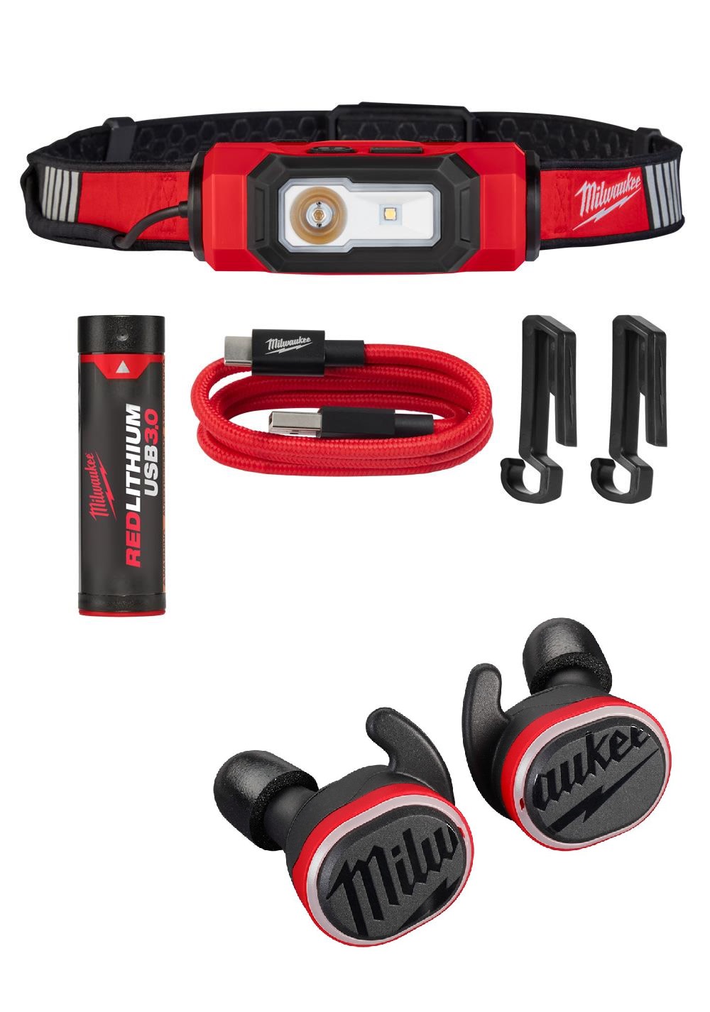 Milwaukee REDLITHIUM USB Bluetooth Jobsite Ear Buds & BEACON Hard Hat Light  USB Rechargeable Bundle