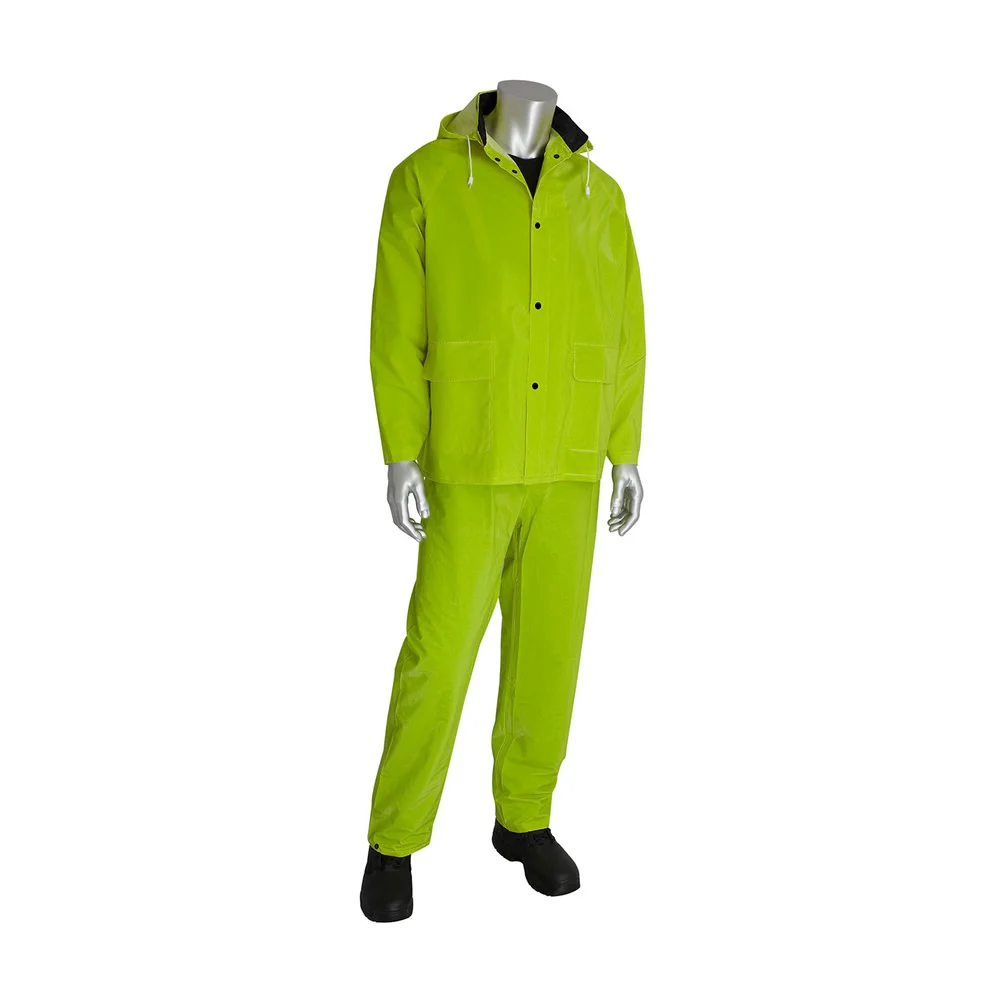 Protective Industrial Products Rainsuit 3pc. .35mm PVC/Polyester Hood Corduroy Collar Hi Vis LY S