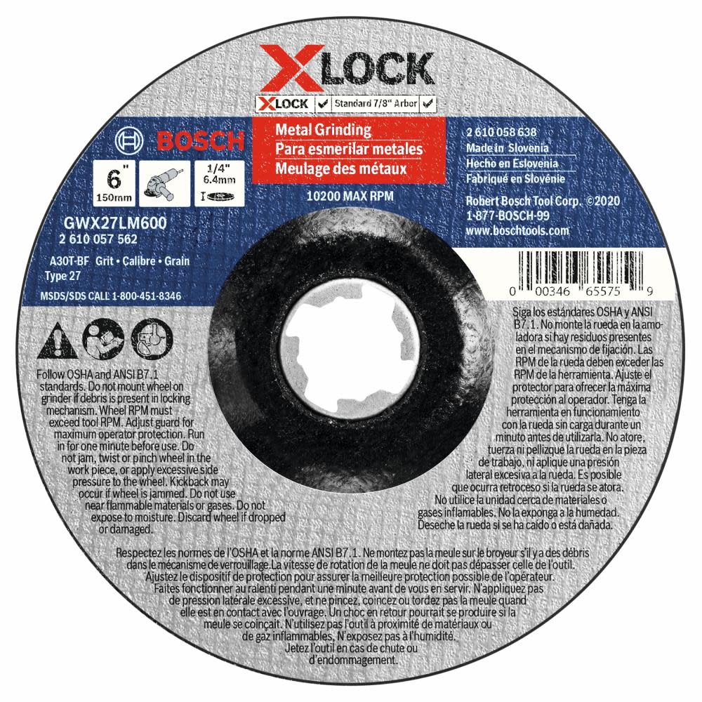 

Bosch X LOCK Arbor Type 27 30 Grit Metal Grinding Abrasive Wheel 6" x 1/4"