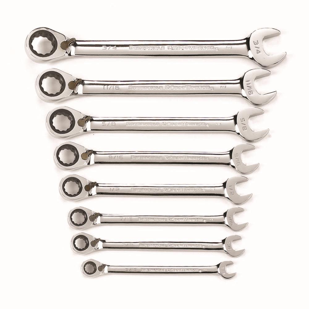 8 Piece 12 Point Reversible Ratcheting Combination Wrench Set, SAE