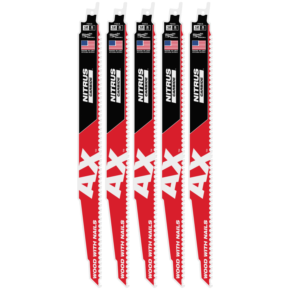 Milwaukee 12 Inch 5 TPI AX with NITRUS Carbide Teeth SAWZALL Blade for Wood with Nails 5 Pieces