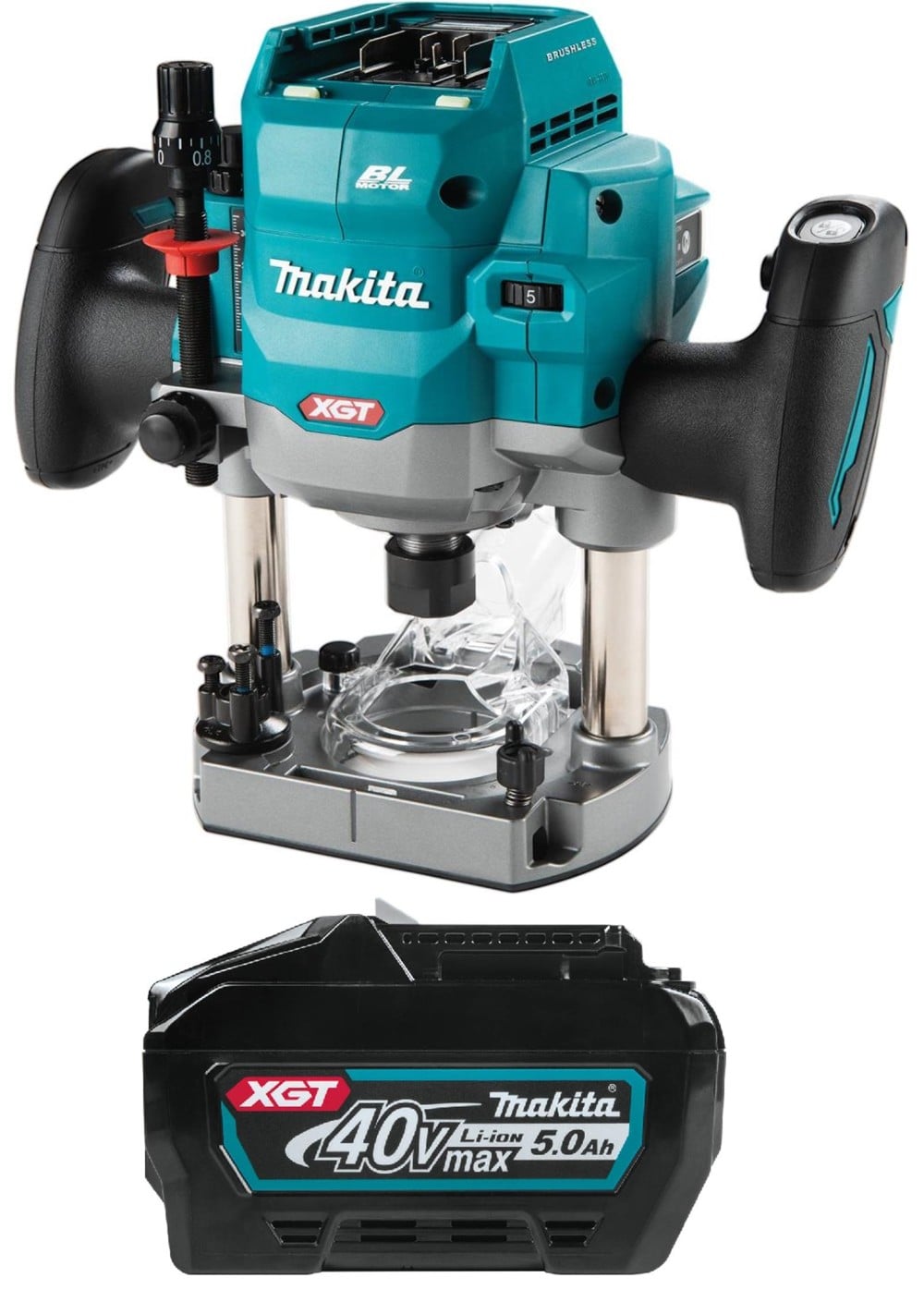 View Makita 40V max XGT Brushless Cordless 2-1/4 Maximum HP Plunge Router & 5Ah Lithium Ion Battery Pack Bundle