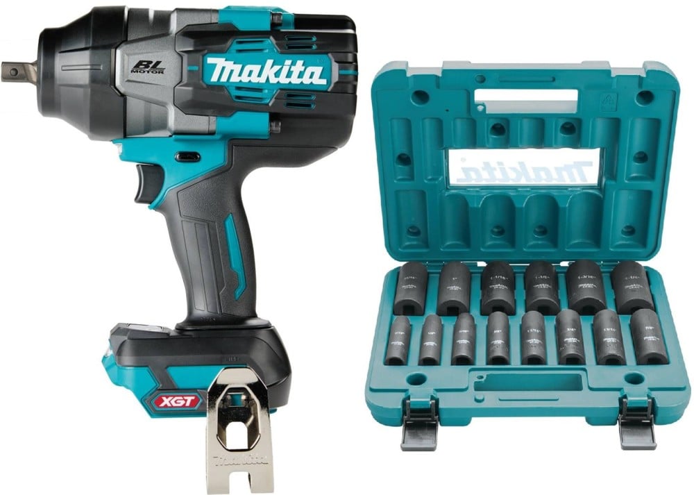 View Makita 40V Max XGT Brushless Cordless 4 Speed High Torque 1/2 Inch Square Drive Impact Wrench (Bare Tool) & 14pc  Deep Impact Socket Set Bundle