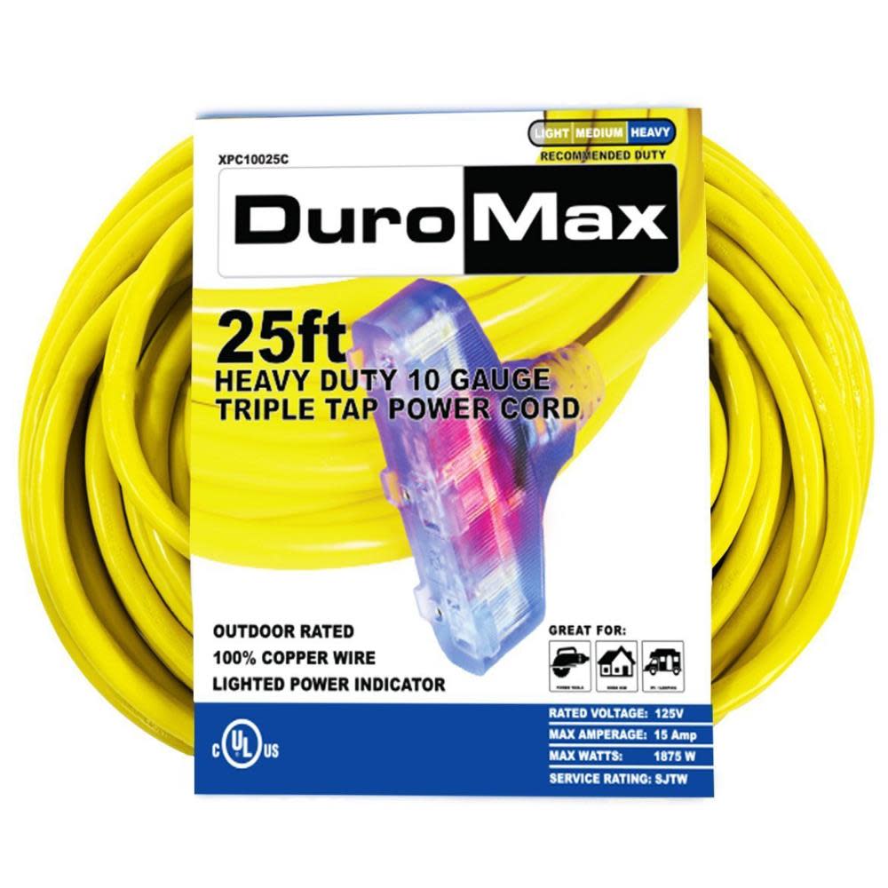 

Duromax SJTW Lit Extension Power Cord 25' 10ga Triple Tap 100% Copper