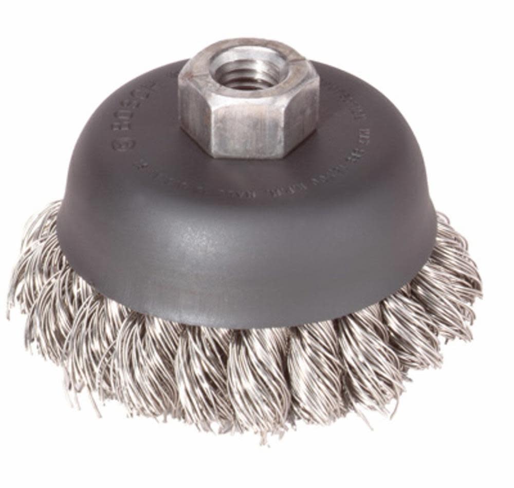 

Bosch 3" Wheel Diameter 5/8"-11 Arbor Stainless Steel Knotted Wire Single Row Cup Brush