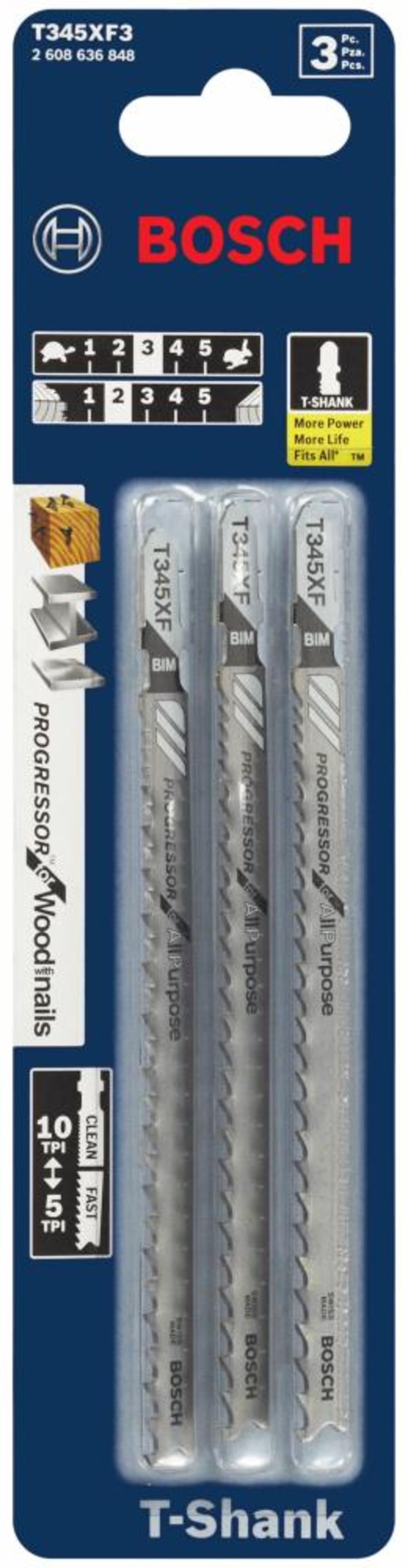 

Bosch Jig Saw Blades 3pc 5 1/4" 5 10P TPI Progressor for Wood with Nails T Shank