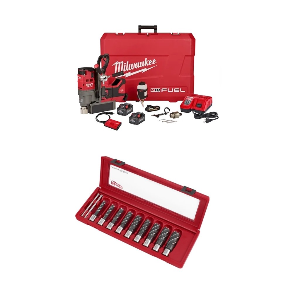 Milwaukee M18 1 1 2 Inch Lineman Magnetic Drill Kit 9 Piece Annular Cutter Set Bundle MIL000011260 Acme Tools