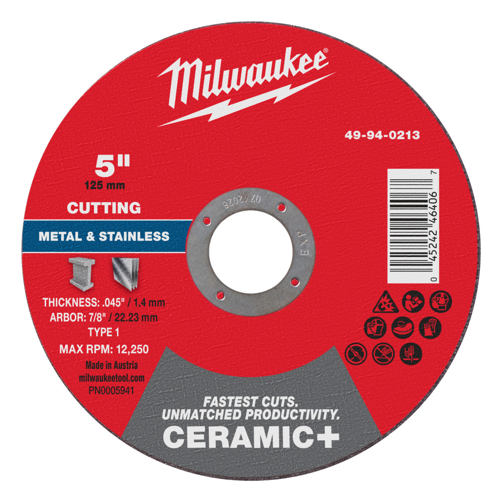 Milwaukee 5 Inch x .045 Inch x 7/8 Inch Ceramic+ Metal Cut Off Wheel Type 1