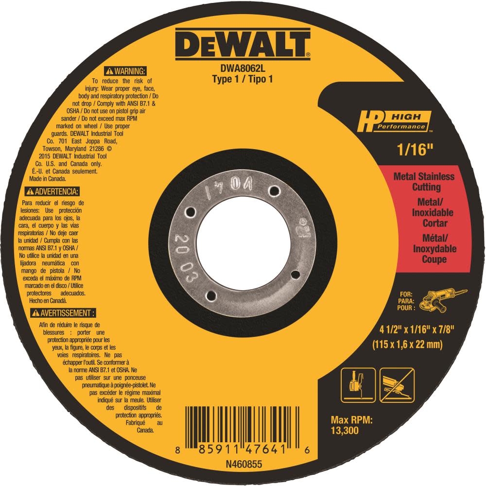main syllable North America DEWALT 4-1/2 x 1/16 x 7/8 T1 HP Cut Off Wheel DWA8062L from DEWALT - Acme  Tools