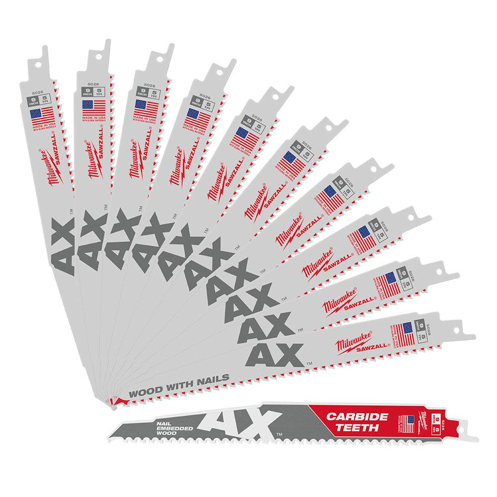 Milwaukee 9 Inch 5TPI AX Nail Embedded Wood SAWZALL Recip Blade, 10 Pieces + 9 Inch 5TPI AX with Carbide Teeth Nail Embedded Wood Blade