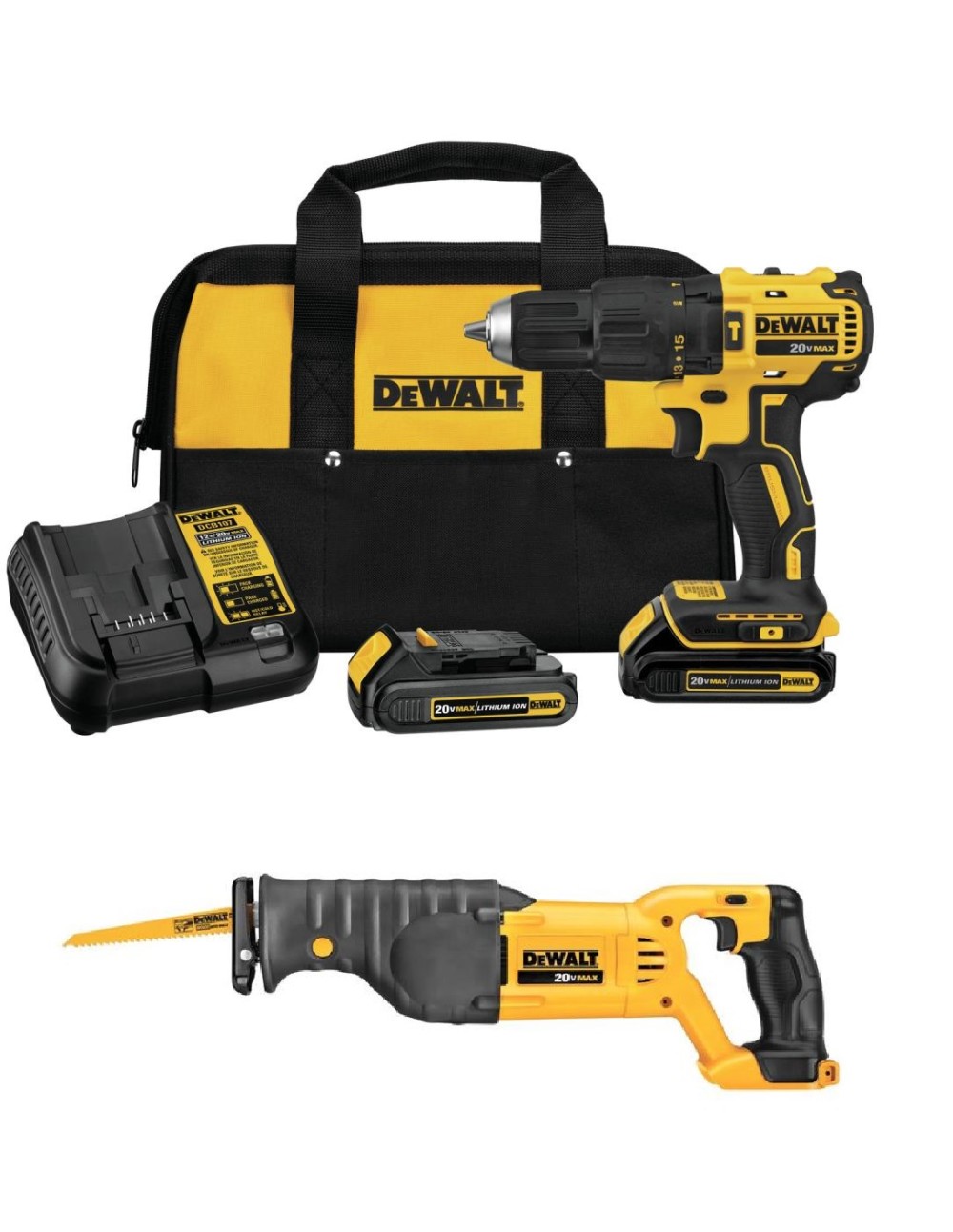 

DEWALT 20V Max 1/2" Hammer Drill & Reciprocating Saw Kit Bundle