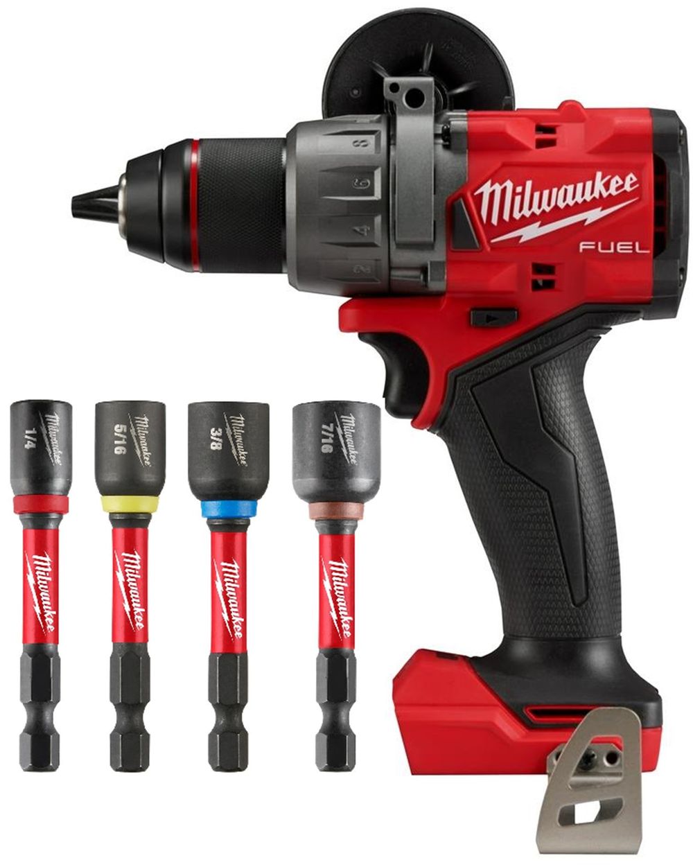Milwaukee M18 FUEL 1/2 Inch Drill/Driver (Bare Tool) & 4pc SHOCKWAVE Impact Duty 2 9/16 Magnetic Nut Driver Set Bundle