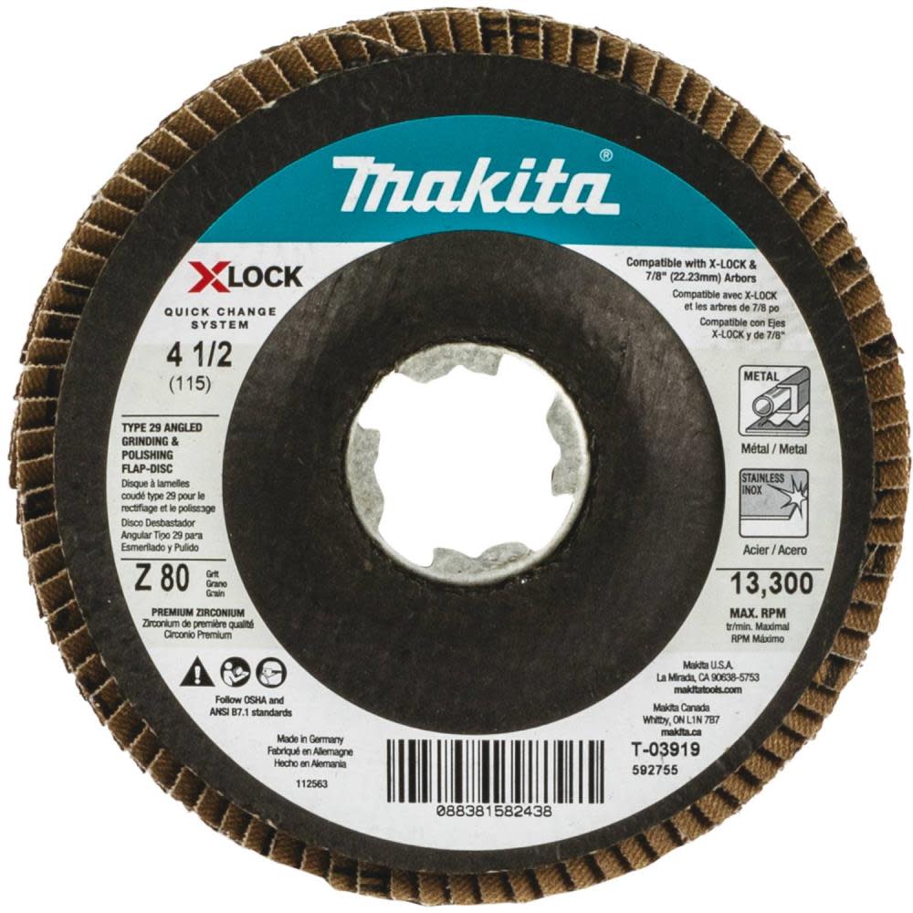 

Makita X-LOCK 41/2" 80 Grit Type 29 Angled Grinding and Polishing Flap Disc for X-LOCK and All 7/8" Arbor Grinders