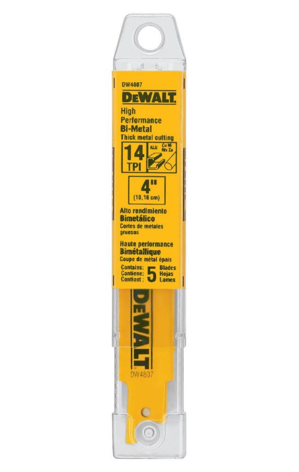 

DEWALT 4 in. 14 TPI Straight Back Bi-Metal Reciprocating Blade (5 pack)