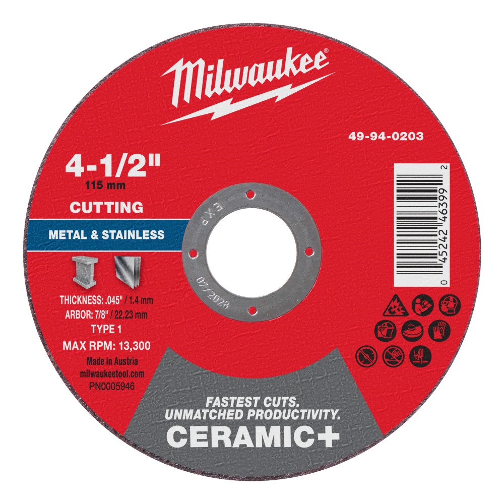 Milwaukee 4-1/2 Inch x .045 Inch x 7/8 Inch Ceramic+ Metal Cut Off Wheel Type 1
