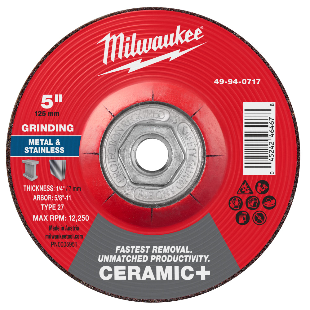 Milwaukee 5 Inch x 1/4 Inch x 5/8 Inch-11 Ceramic+ Metal Grinding Wheel Type 27
