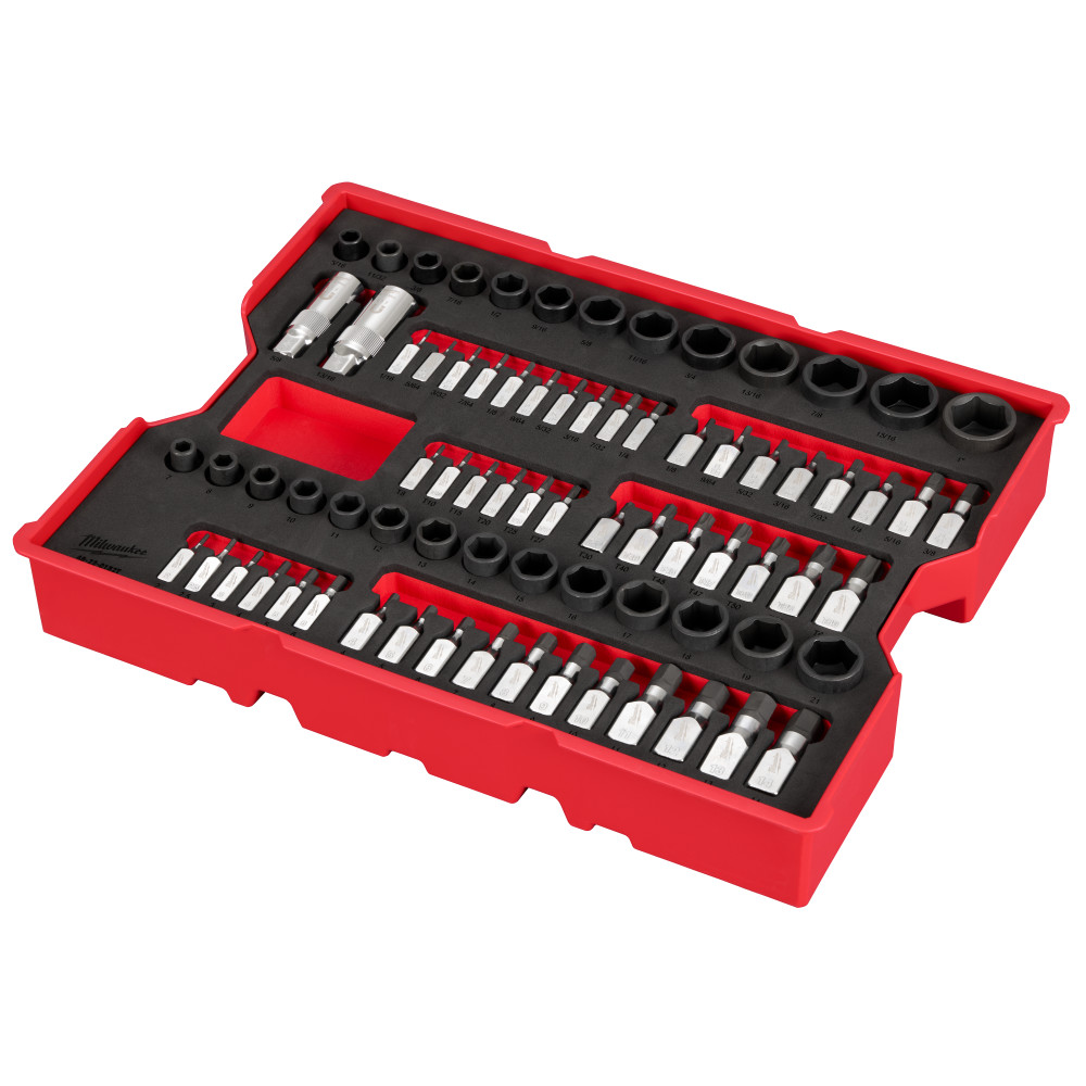 Milwaukee 1/4 Inch & 3/8 Inch Drive Metric, SAE, & Torx Socket Set with Tray for PACKOUT Drawers 77 Pieces