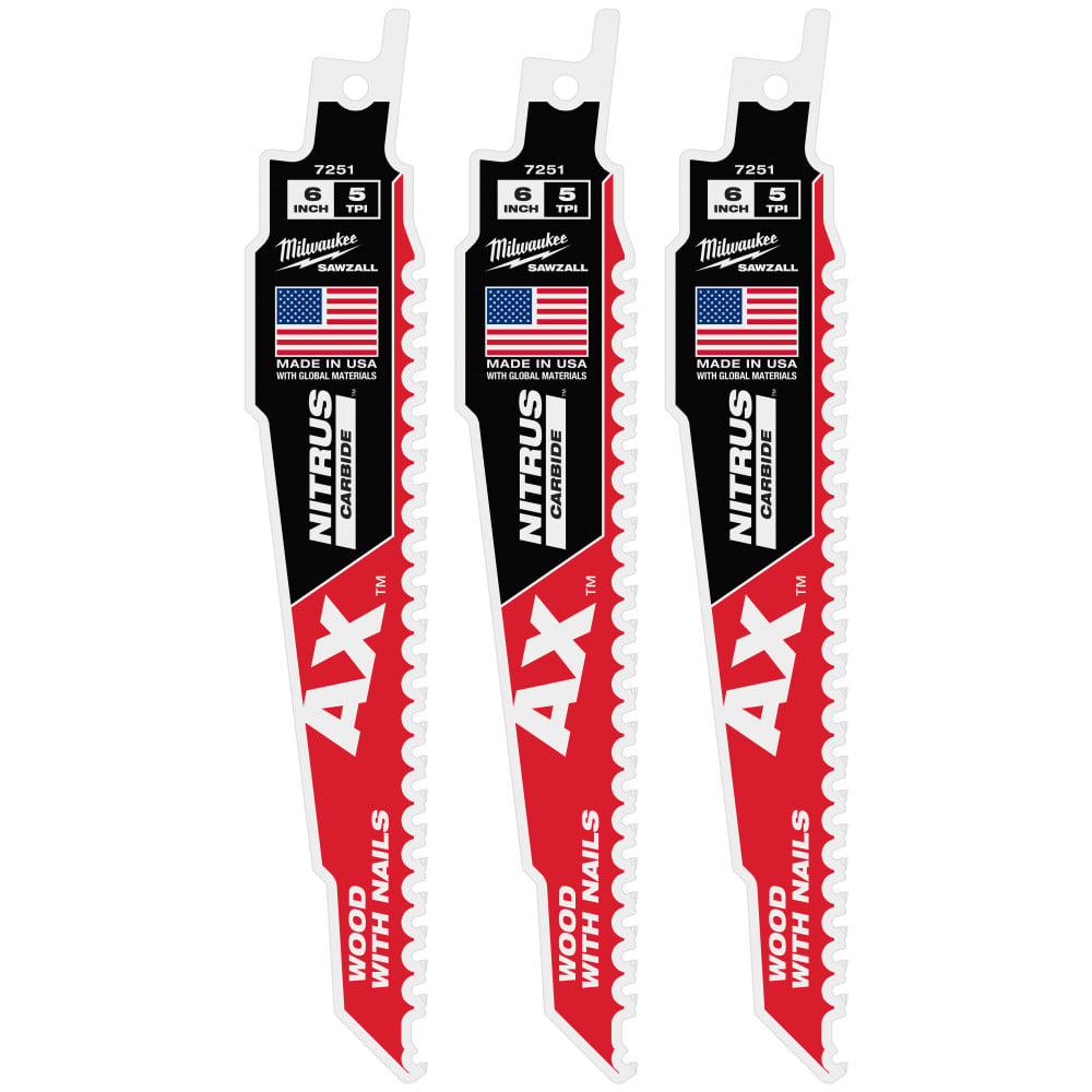 Milwaukee 6 Inch 5 TPI AX with NITRUS Carbide Teeth SAWZALL Blade for Wood with Nails 3 Pieces