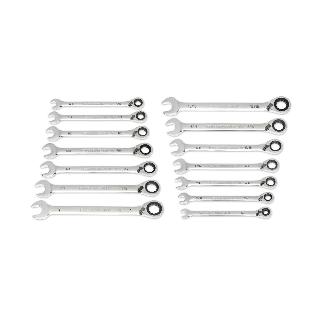 

GEARWRENCH Ratcheting Wrench Set with Wrench Roll 90 Tooth 12 Point SAE Reversible 14pc