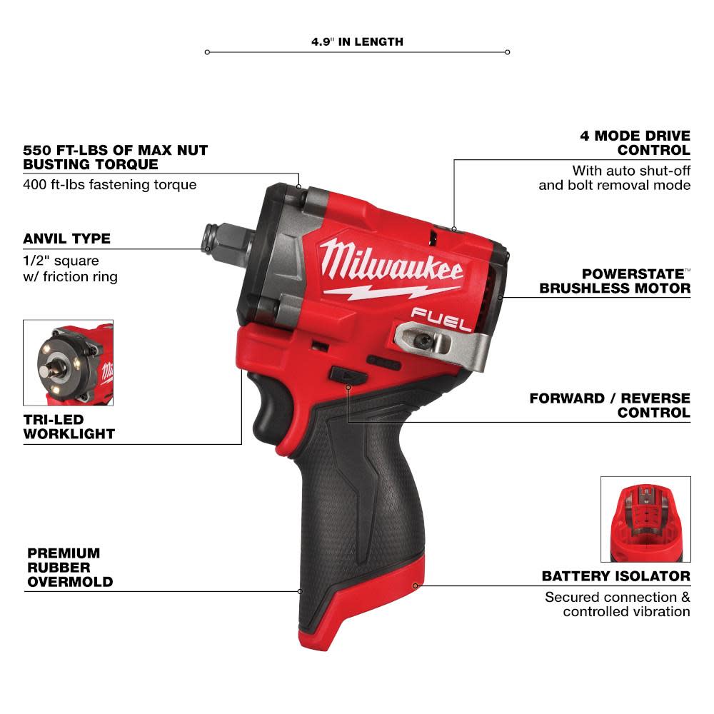 Milwaukee M12 FUEL Stubby 1/2 Inch Impact Wrench (Bare Tool)