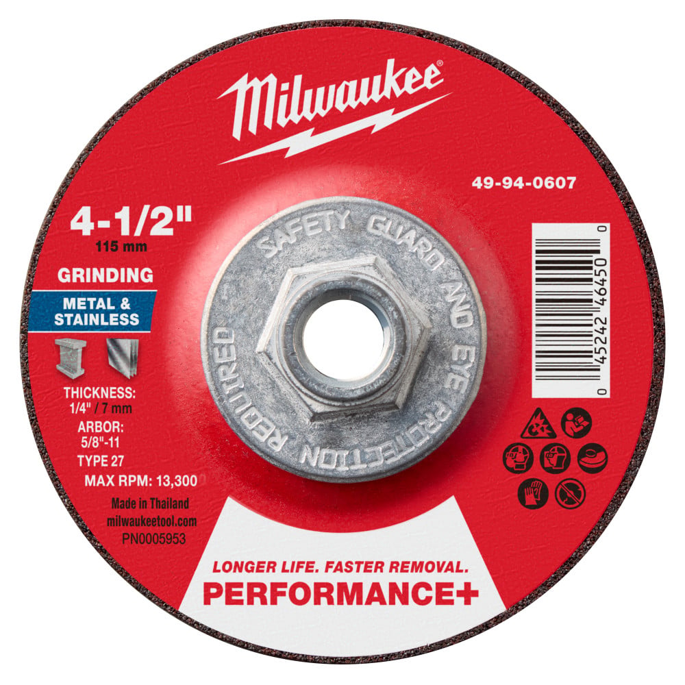 Milwaukee 4-1/2 Inch x 1/4 Inch x 5/8 Inch-11 Performance+ Metal Grinding Wheel Type 27