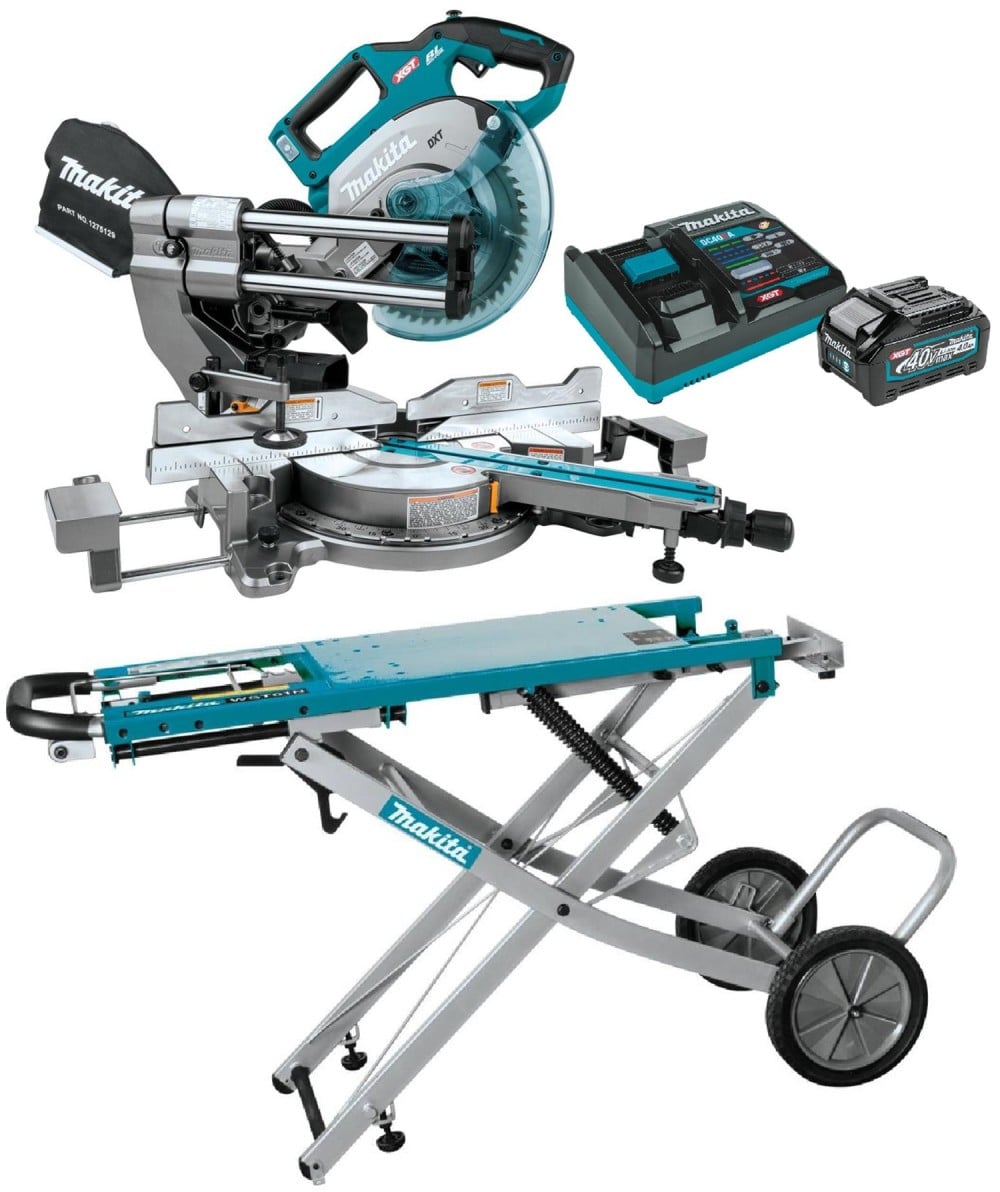 View Makita 40V Max XGT 8 1/2 Inch Dual Bevel Sliding Compound Miter Saw, Stand & 4Ah Battery and Charger Starter Pack