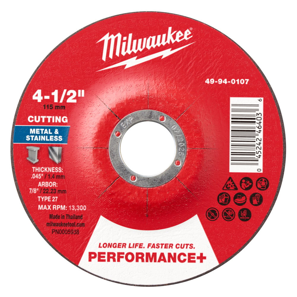 Milwaukee 4-1/2 Inch x .045 Inch x 7/8 Inch Performance+ Metal Cut Off Wheel Type 27