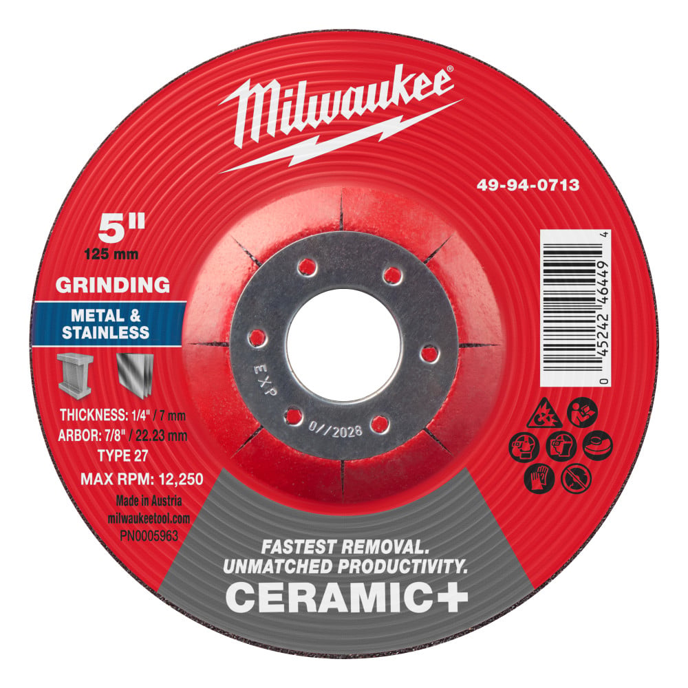 Milwaukee 5 Inch x 1/4 Inch x 7/8 Inch Ceramic+ Metal Grinding  Wheel Type 27