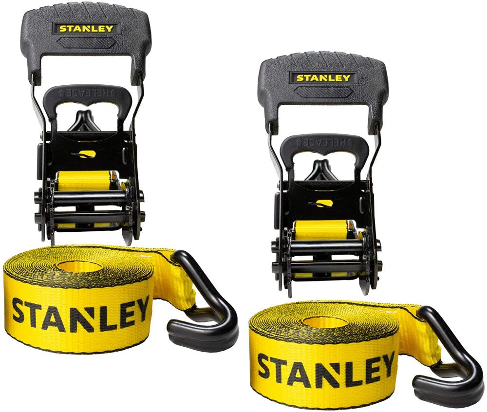 

Stanley S1007 Ratchet Tie Down Straps 1.5" x 16' Heavy Cargo Hauling 3300 lbs Break Strength 2pk