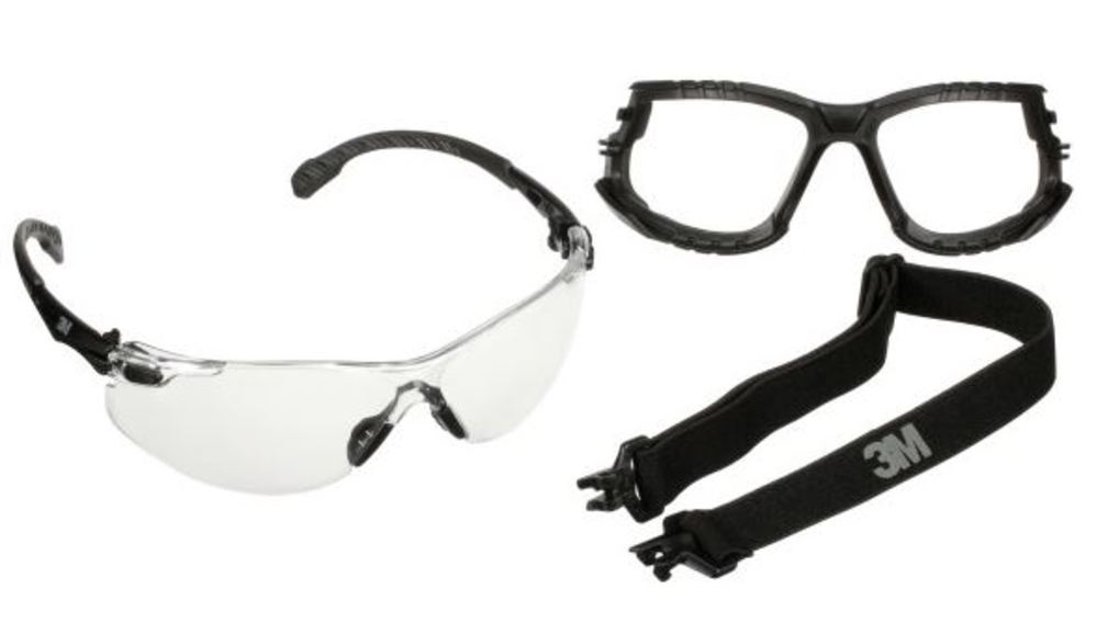 3M Solus 1000 Series Black Temples Scotchgard Clear Anti-Fog/Anti- Scratch Safety Glasses Kit with Foam/Strap