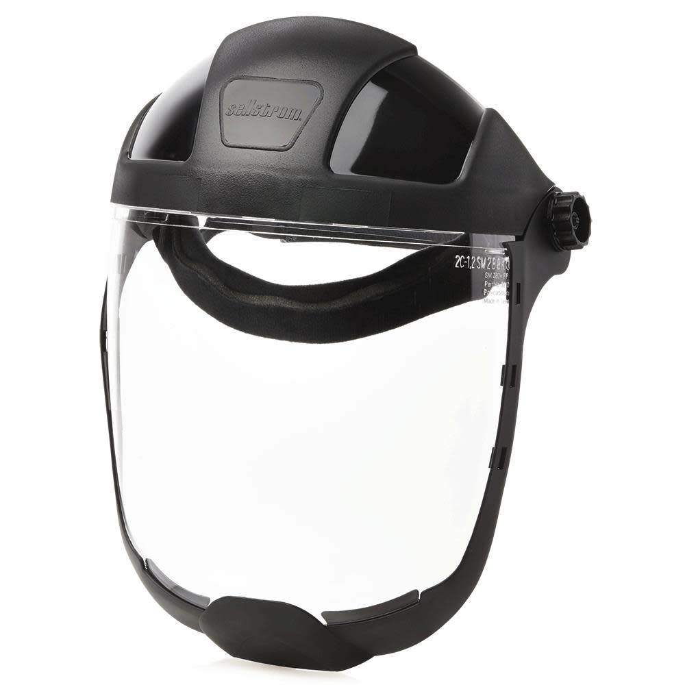 

Sellstrom Multi-Purpose Single Crown Face Shield with Ratchet Headgear and Chin Guard Clear Polycarbonate Window Anti-Fog Coating Black Crown
