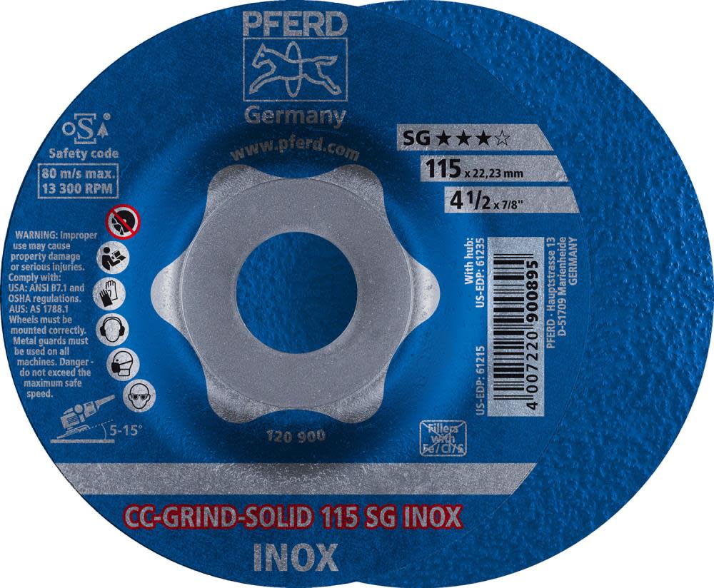 Pferd 4-1/2" CC-GRIND-SOLID - 7/8" A.H. - SG INOX
