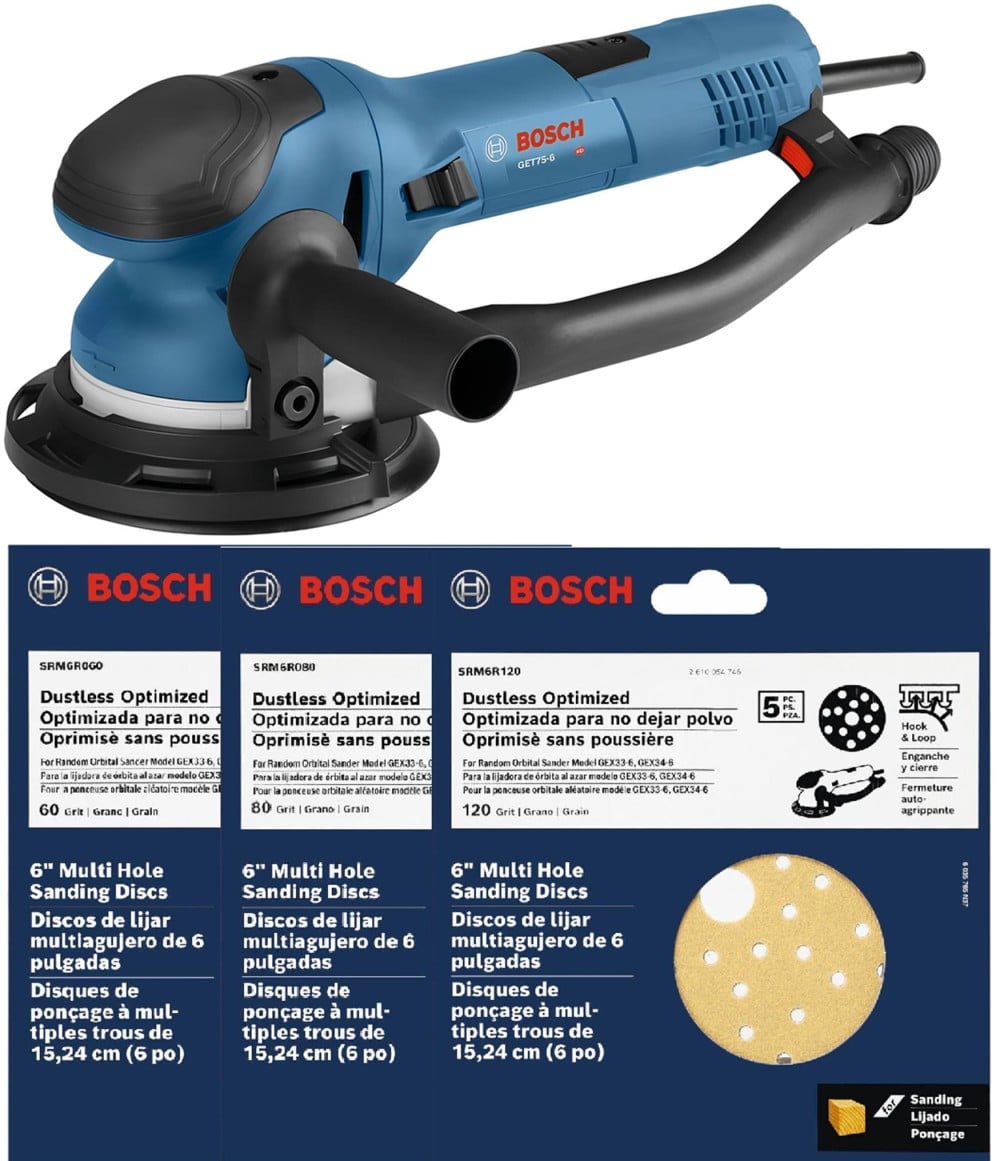 Bosch 5-Pack 60 Grit 6-Inch Multi-Hole Hook-and-Loop Sanding Discs – For Wood & Surface Finishing