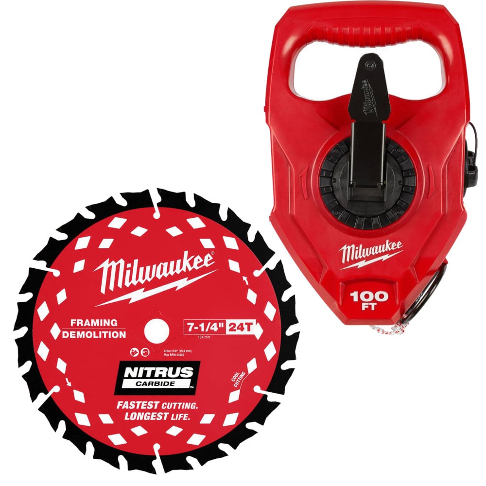 Milwaukee 7-1/4 Inch 24T NITRUS Carbide Framing and Demolition Circular Saw Blade and 100 Ft. Chalk Reel