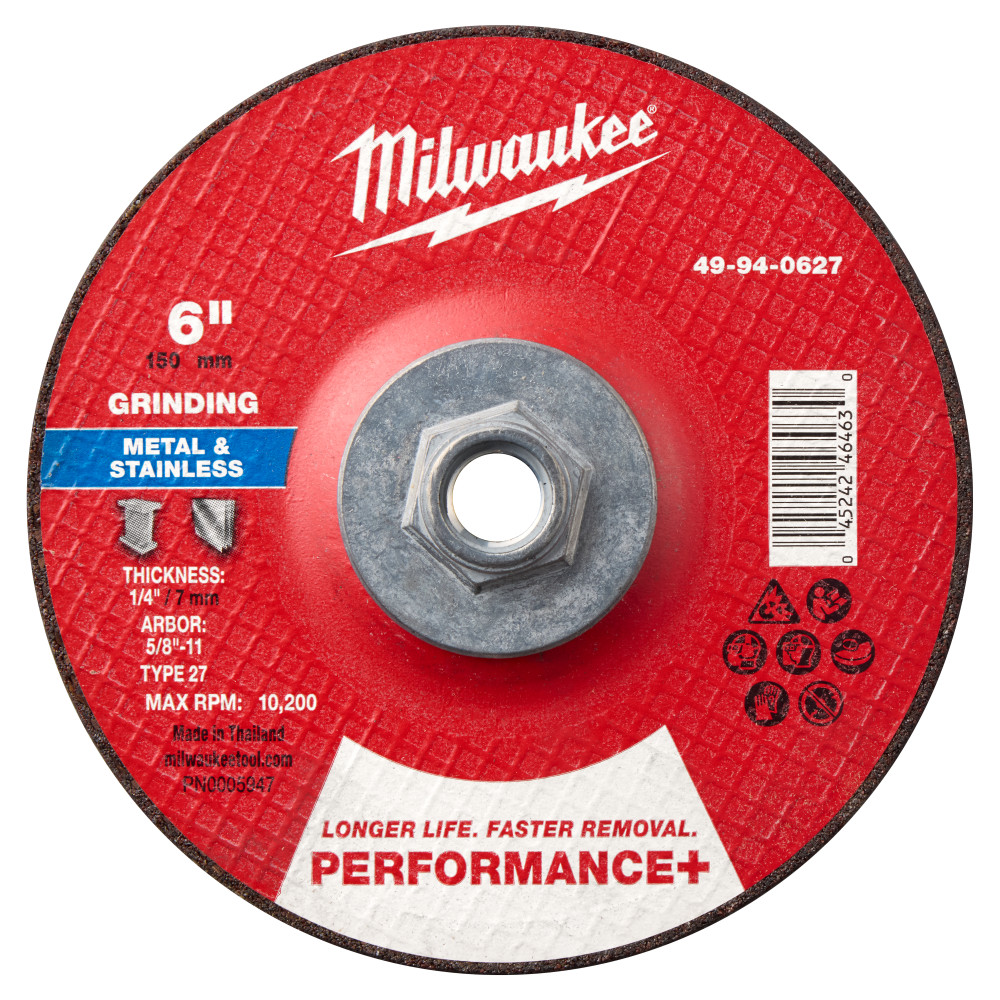 Milwaukee 6 Inch x 1/4 Inch x 5/8 Inch-11 Performance+ Metal Grinding Wheel Type 27