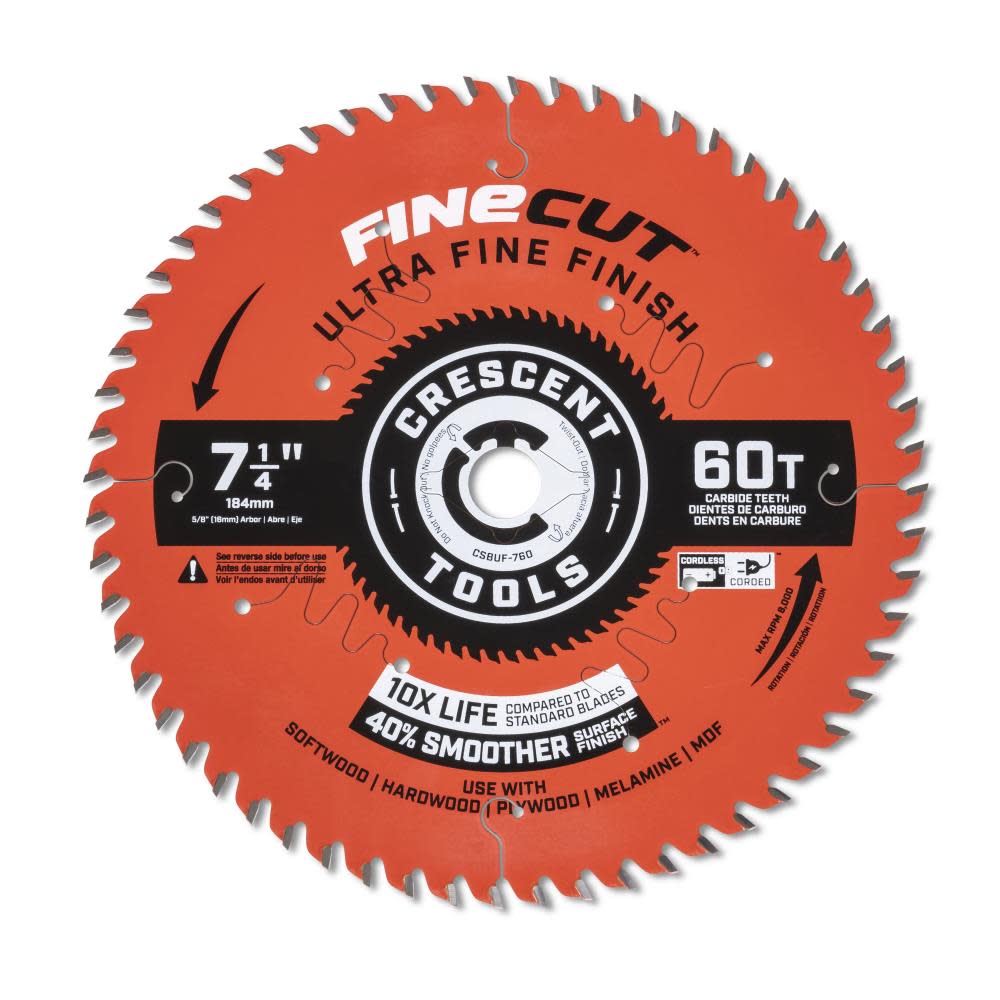 

Crescent Circular Saw Blade 7 1/4" x 60 Tooth Fine Cut Ultra Fine Finishing