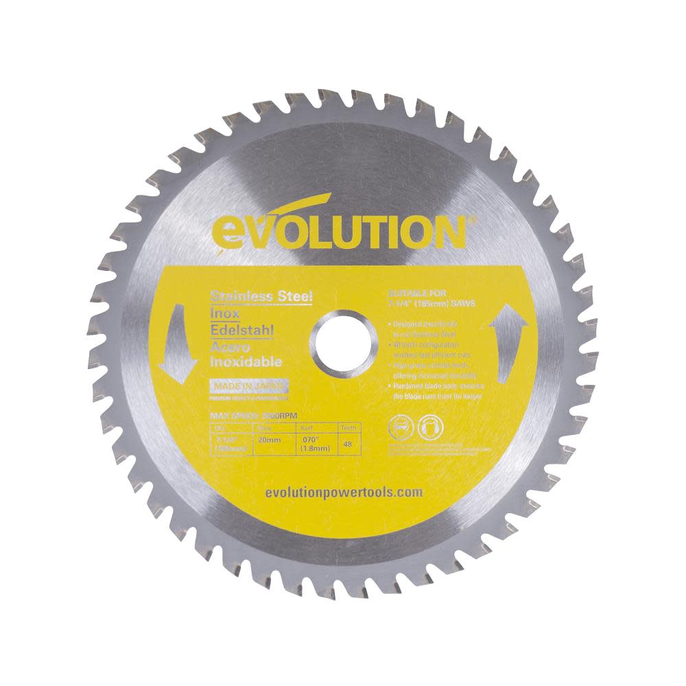 

Evolution Power Tools 7-1/4 in. 48 Tooth Stainless Steel Tungsten Carbide-Tipped Cutting Blade
