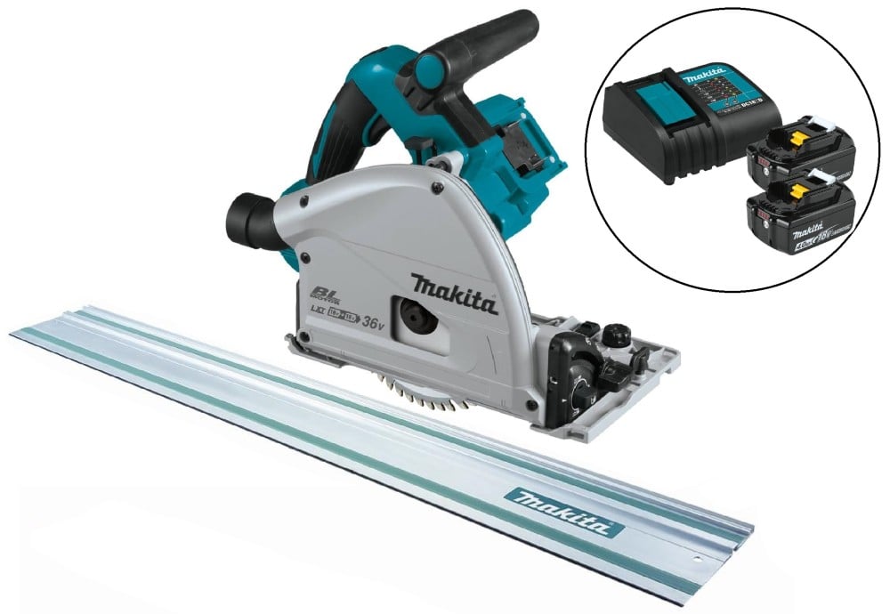View Makita 18V X2 LXT Lithium-Ion (36V) Brushless 6-1/2 Inch Plunge Circular Saw, 55 Inch Guide Rail, & 4 Ah Battery and Charger Starter Pack Bundle