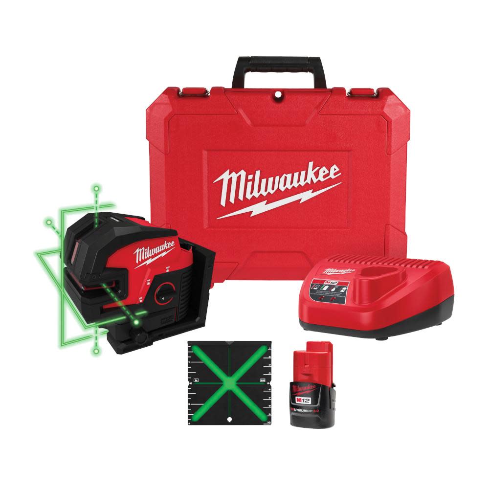 Milwaukee M12 Green Cross Line & 4 Points Laser Kit 3624-21