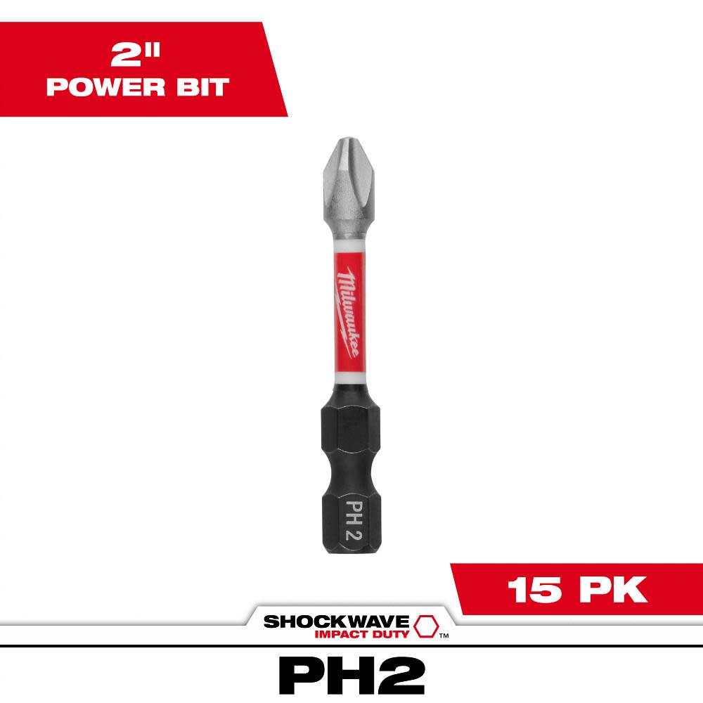 Milwaukee SHOCKWAVE 2 in. Impact Phillips #2 Power Bits (15-Piece Contractor Pack)