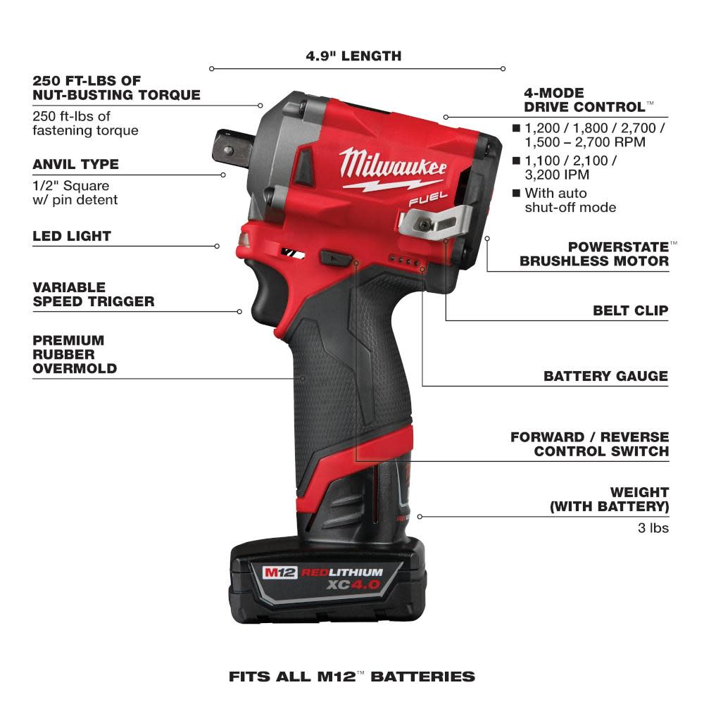 Milwaukee 2555P-22 M12 Fuel Stubby 1/2" Pin Impact Wrench Kit for sale online 
