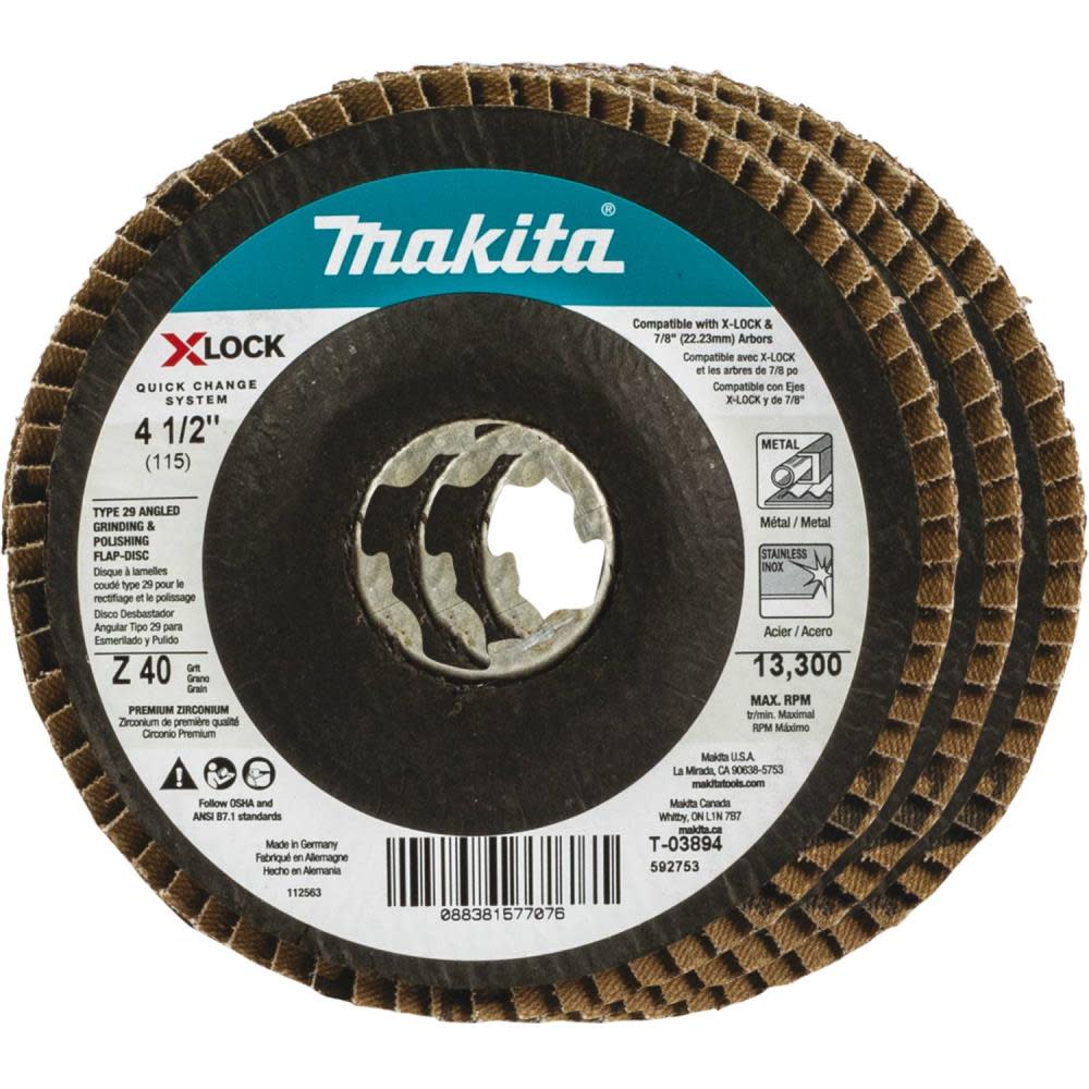 

Makita X-LOCK 4 1/2" Angled Grinding and Polishing Flap Disc for X-LOCK and All 7/8" Arbor Grinders 40 Grit Type 29 3pk