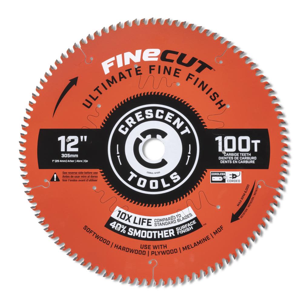 

Crescent Circular Saw Blade 12" x 100 Tooth Fine Cut Ultimate Finish